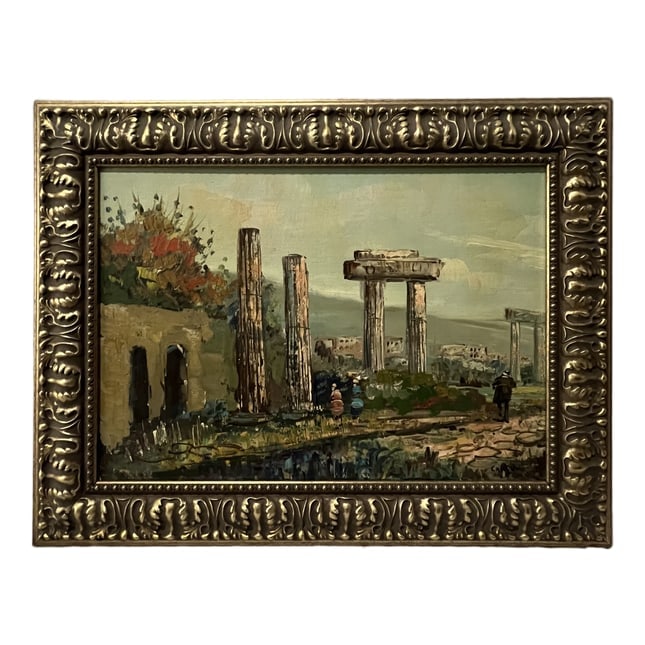C.K. | Ancient Ruins | Oil on Wood: Description: An oil on wood artwork by C.K., Featuring "Ancient Ruins." This piece is professionally framed and ready for display. Artist: C.K. Title: Ancient Ruins Dimensions: Art: 16" H x 23" W; Fra