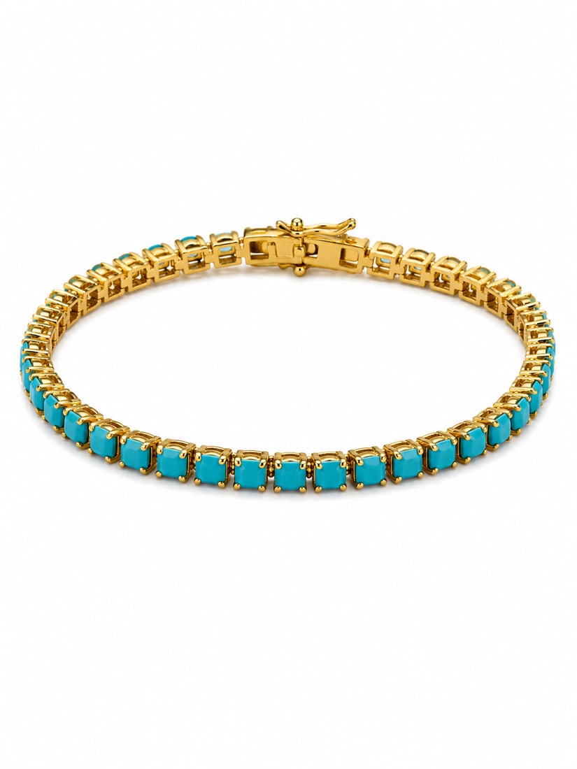 Turquoise Colored Tennis Style Bracelet: Elegant tennis style bracelet featuring square turquoise colored stones in a gold-tone. Ships from Newport Beach, CAProceeds go to Hoag Hospital Charitable Foundation