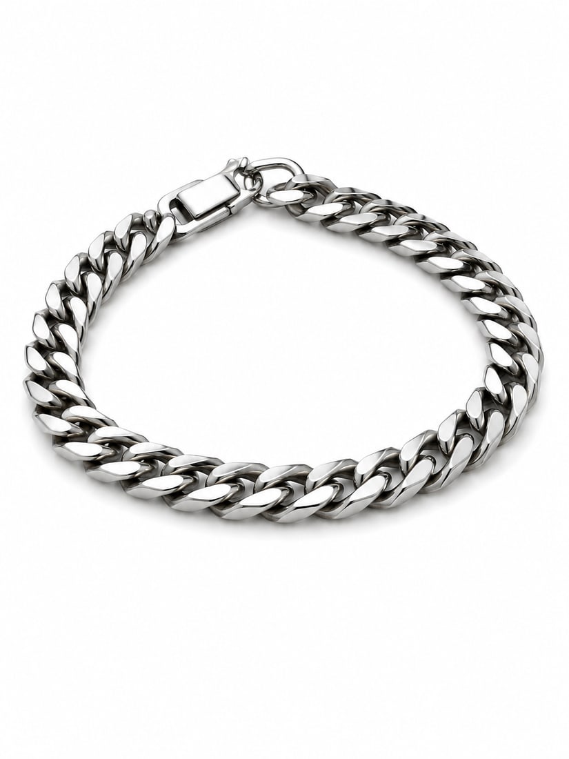 Stainless Steel Cuban Link Bracelet: Stainless steel Cuban link bracelet featuring a polished finish and secure box clasp. Ships from Newport Beach, CA. Proceeds go to Hoag Hospital Charitable Foundation