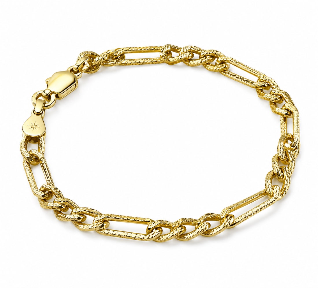 14k GOLD Figaro Link Bracelet: Gold- Figaro link bracelet featuring alternating polished links and a lobster clasp closure. weighs=6.26/ Ships from Newport Beach, CA. Proceeds go to Hoag Hospital Charitable Foundation
