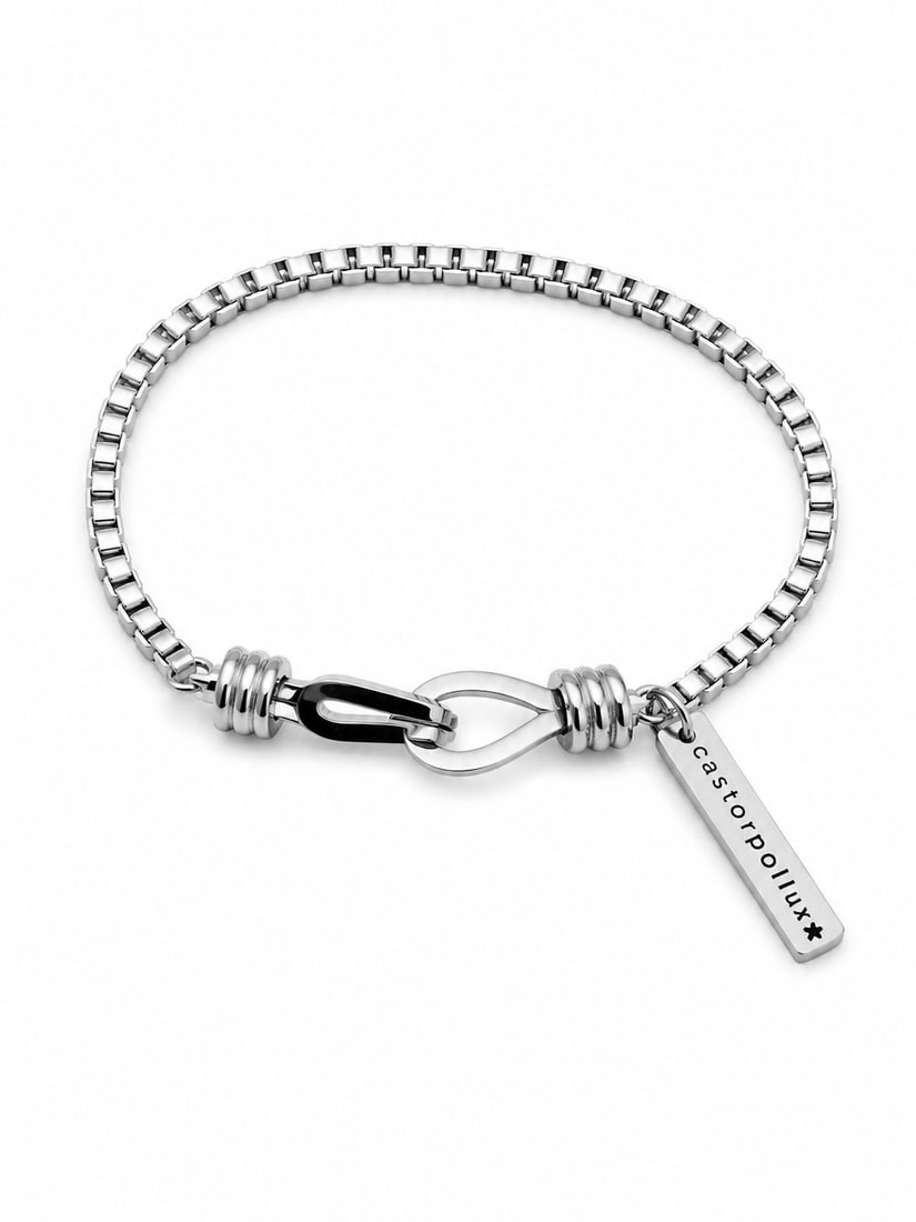 CastorPollux Stainless Steel Box Chain Bracelet: CastorPollux stainless steel box chain bracelet featuring a polished hook-style clasp and logo tag. Ships from Newport Beach, CA. Proceeds go to Hoag Hospital Charitable Foundation.