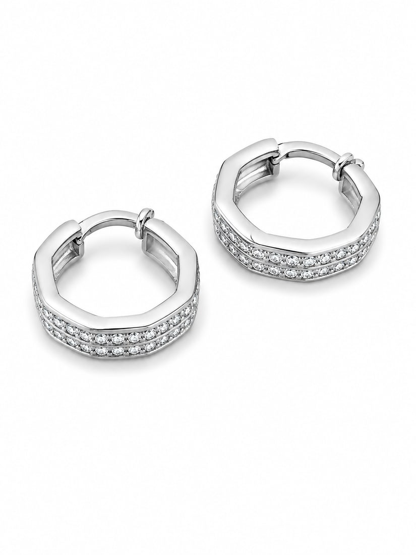 Silver-Tone Crystal Hexagon Hoop Earrings: Silver-tone hexagon hoop earrings featuring rows of clear crystal accents and secure hinged closures. Ships from Newport Beach, CA. Proceeds go to Hoag Hospital Charitable Foundation