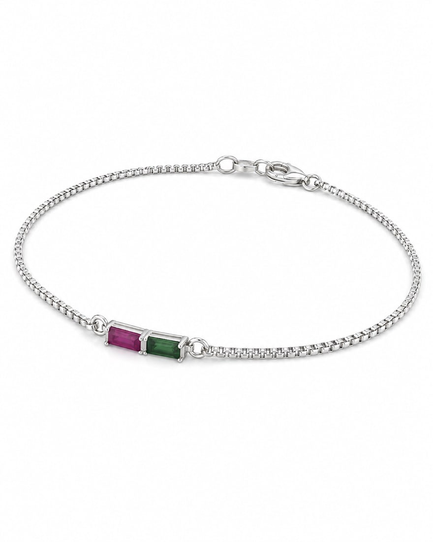 Silver Bracelet with Ruby & Emerald Rectangular Gemstone Accents - 3