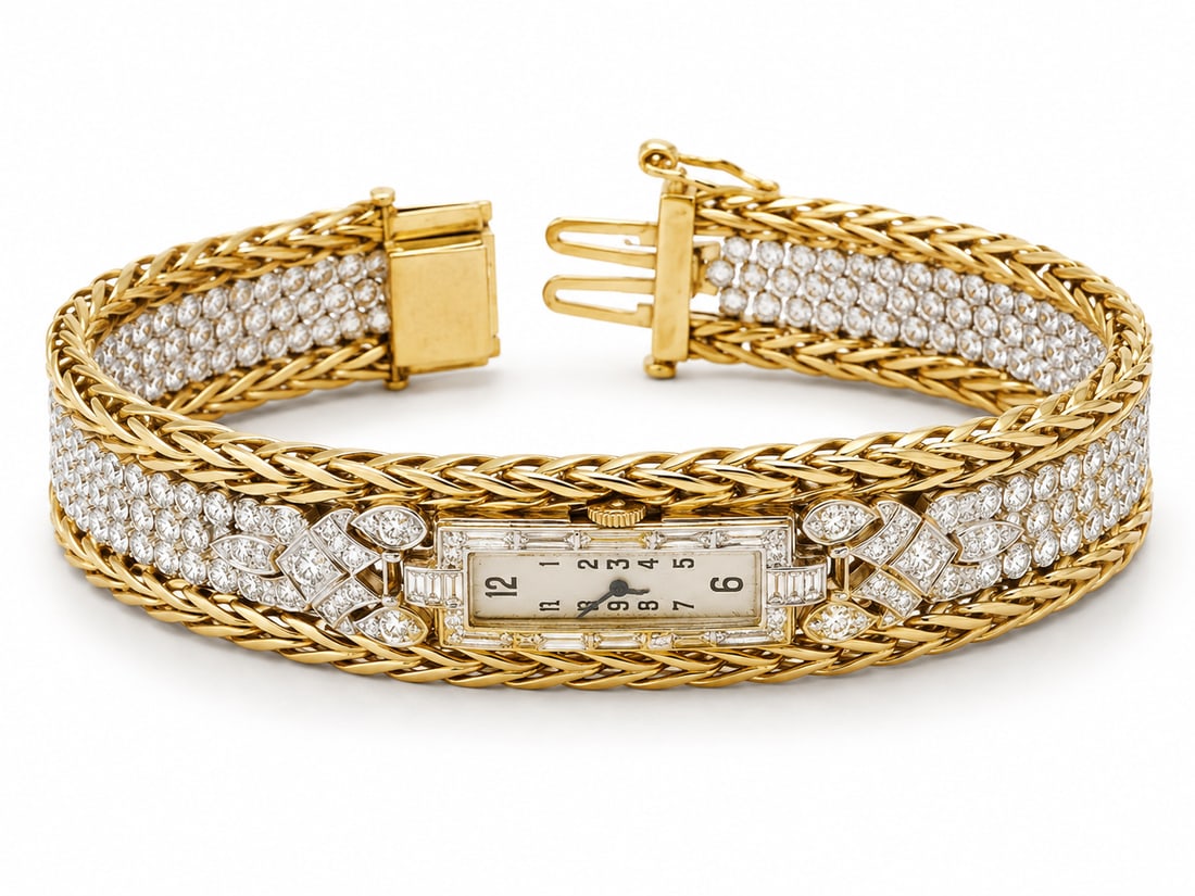 Audemars Piguet Movement Gold Diamonds Platinum Vintage Ladies Watch: Vintage ladies watch featuring an Audemars Piguet movement, multiple small round-cut stones and baguette-cut diamonds, with platinum and 14K gold. Gold addition, being from the 1990s. Ships from Newpo