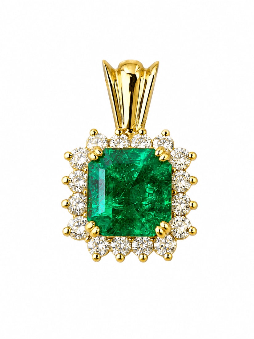 18K Gold Emerald & Diamond Pearl Enhancer Pendant: Pearl enhancer-style pendant in 18K gold featuring an emerald center stone measuring approximately 9mm x 8.4mm x 6.3mm, surrounded by a halo of round diamonds. Approximate diamond weight noted as 4.69