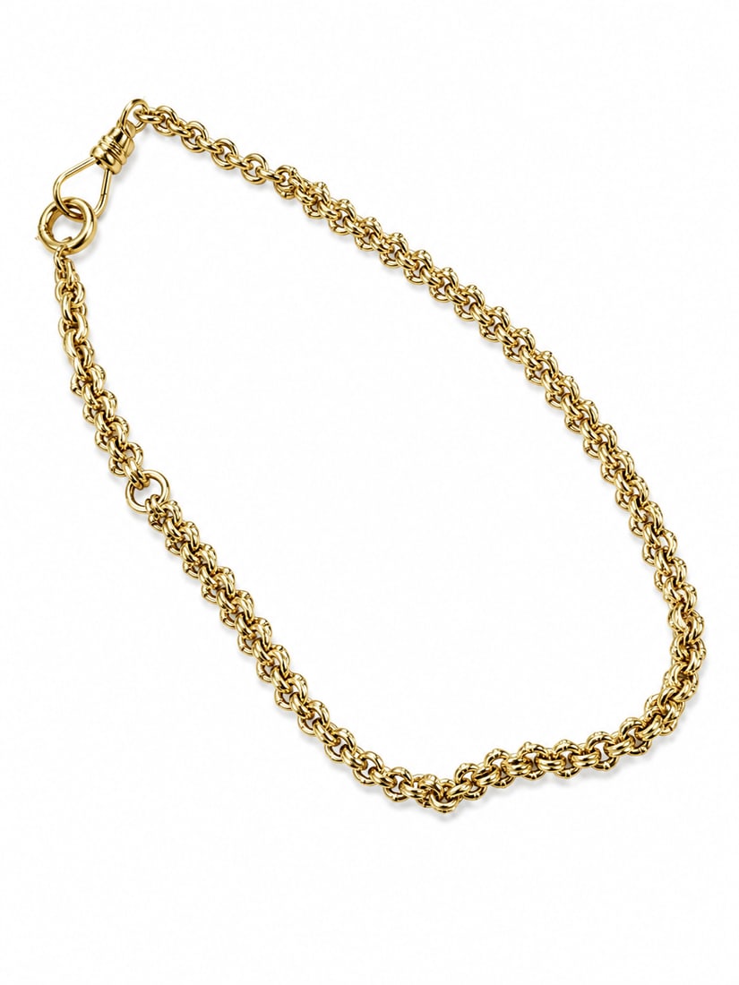 14K Gold Rope-Watch Fob Chain: Yellow gold rope-watch fob chain necklace featuring an interwoven link design and clasp closure. Marked 14K. Ships from Newport Beach, CA.