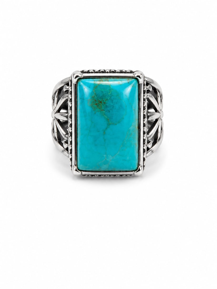 Silver Turquoise Ring Unisex w Filgree: Turquoise silver ring Mens/Ladies. Heavy Filgree/Square Stone. Ships from Newport Beach, CA.