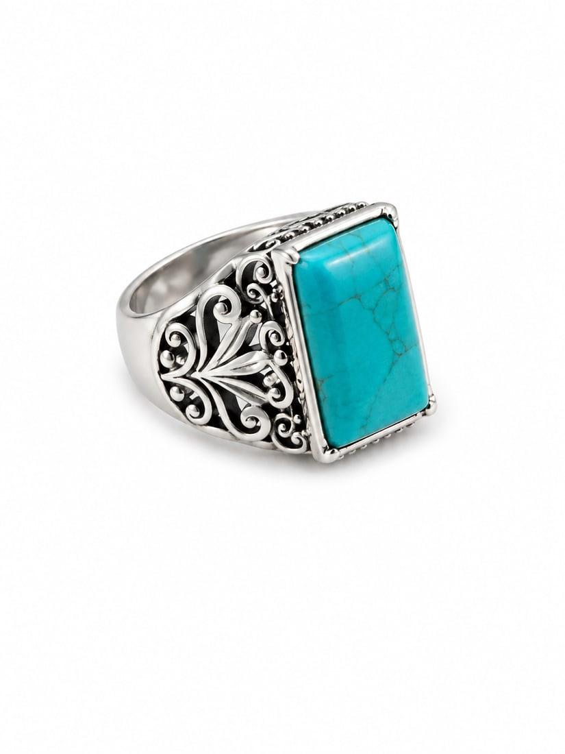 Silver Turquoise Ring Unisex w Filgree - 2