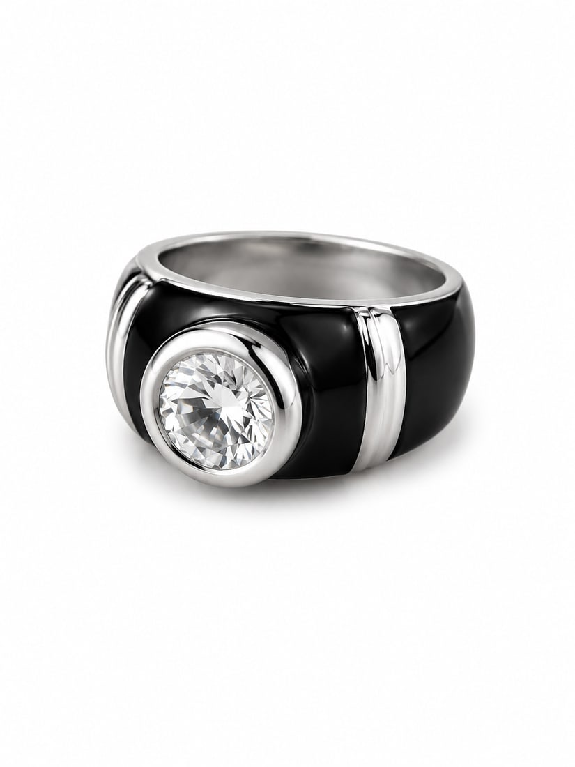 Black Enamel Cubic Zirconia Ring: Silver ring featuring black enamel detailing with a round clear center stone in a silver-setting. Ships from Newport Beach, CA.