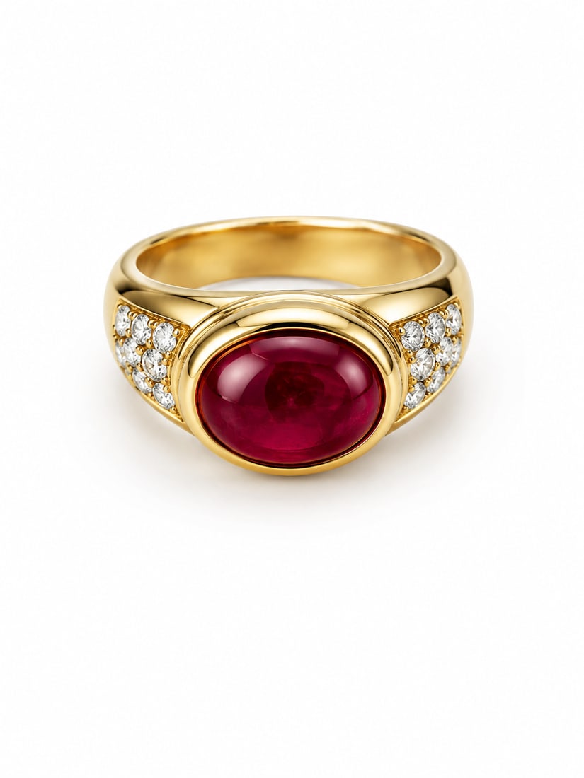 Gold Red Cabochon Diamond Mens Ring: Gold ring featuring a large oval red cabochon center stone. Side diamond like stones . Size 7/.Ships from Newport Beach, CA.
