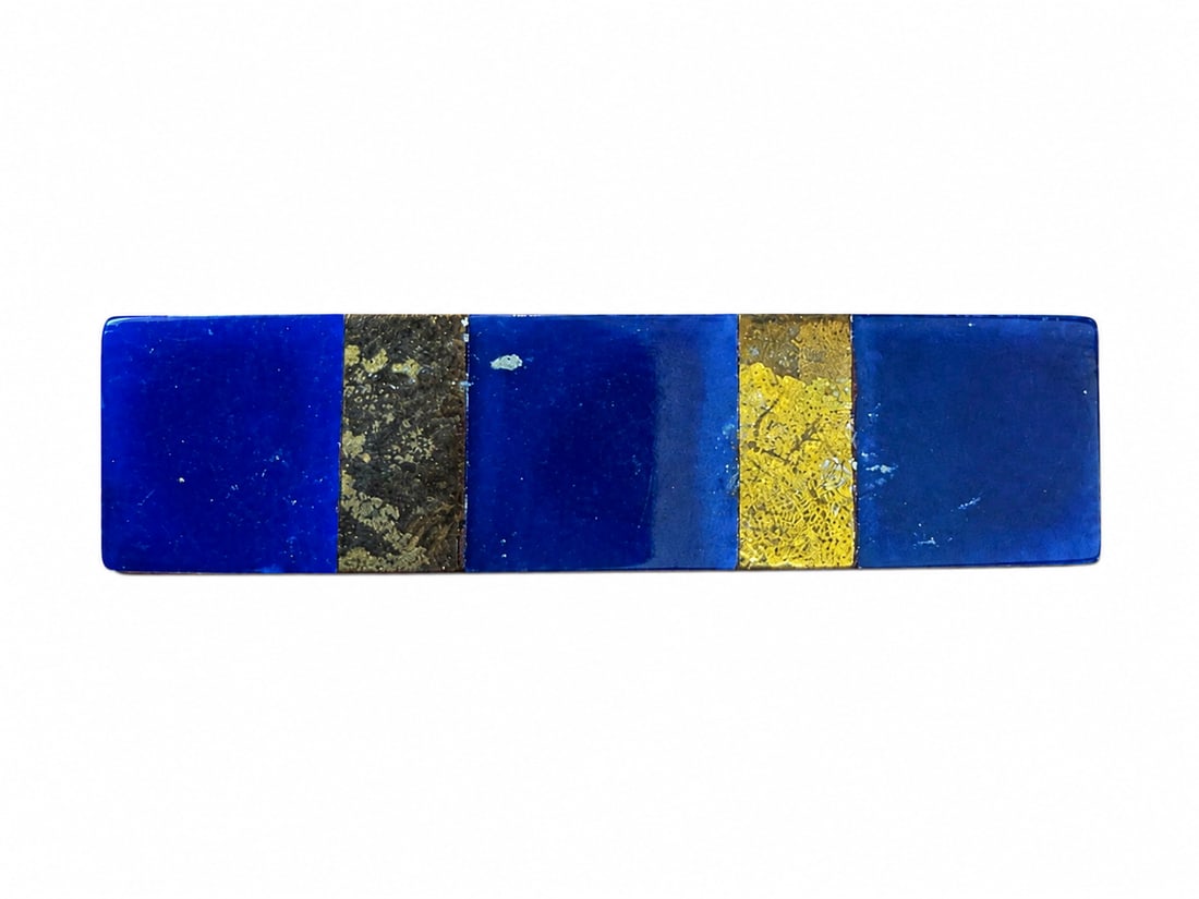 Blue & Gold Bar Rectangular Brooch: Rectangular bar brooch featuring deep blue sections possibly lapis with gold vertical accents and a pin-back closure. Ships from Newport Beach, CA.
