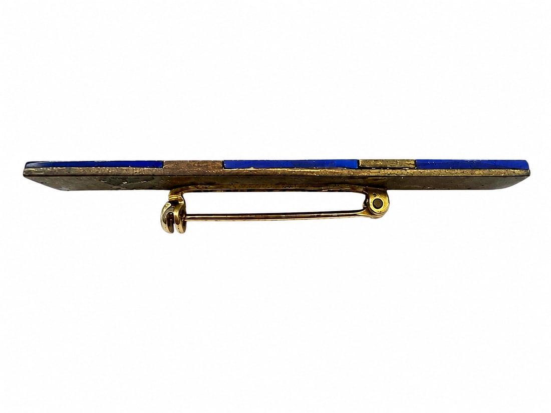 Lapis Blue & Gold Rectangular Bar Brooch - 2