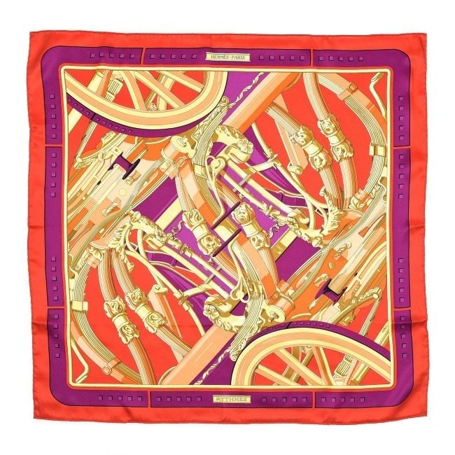 HERMES Silk Rythmes Scarf 65: HERMES Silk Rythmes Scarf 65. Size: 25" x 25". This is an authentic HERMES Silk Rythmes Scarf 65. This scarf is made of 100% silk and features a rythmes motif on a red background with purple and orang