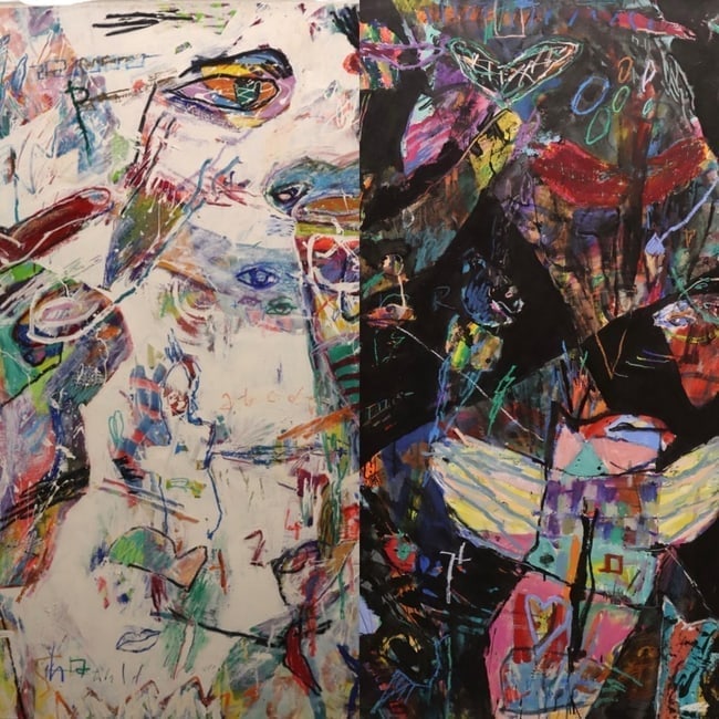Ford Crull - Look Homeward Angel - Left Panel & Right Panel: Artist: Ford CrullTitle: Look Homeward AngelYear: 1988Dimensions: 50 x 39 x 1 each panel . Description: Left panel. & Right Panel -dynamic 1988 diptych by Ford Crull, featuring vivid, expressionistic 
