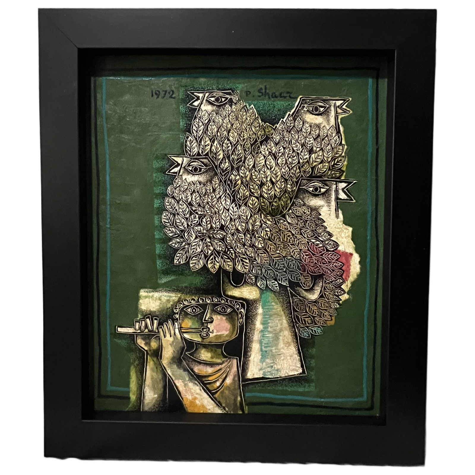 Pinchas Shaar | "The Magic Flute" | 1972: Pinchas Shaar | "The Magic Flute" | 1972 Description An original oil on canvas painting. The piece is signed "P. Shaar" and dated "1972" on the front. A printed gallery label affixed to the reverse