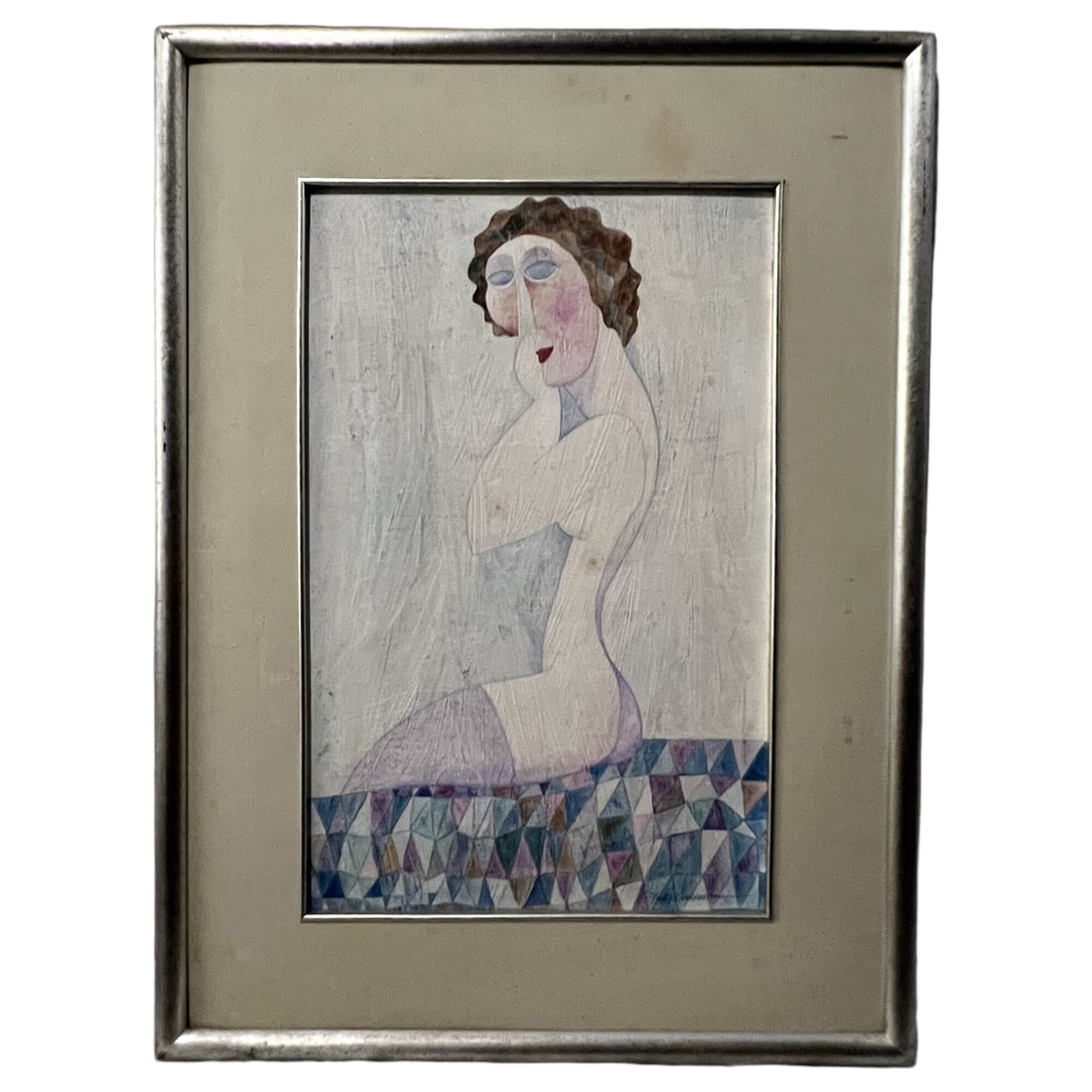 Julio Corredera | Stylized Seated Figure on Geometric Mosaic | Mixed Media on Board: Julio Corredera | Stylized Seated Figure on Geometric Mosaic | Mixed Media on Boa