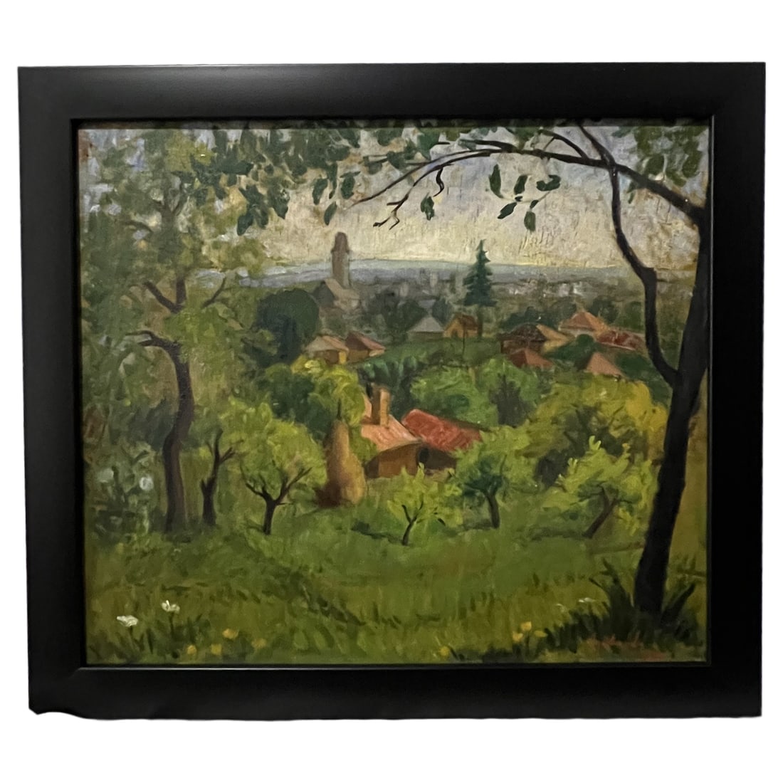 Douglas Hill | Village Landscape with Red Roofs | Oil on Board: Douglas Hill | Village Landscape with Red Roofs | Oil on Board