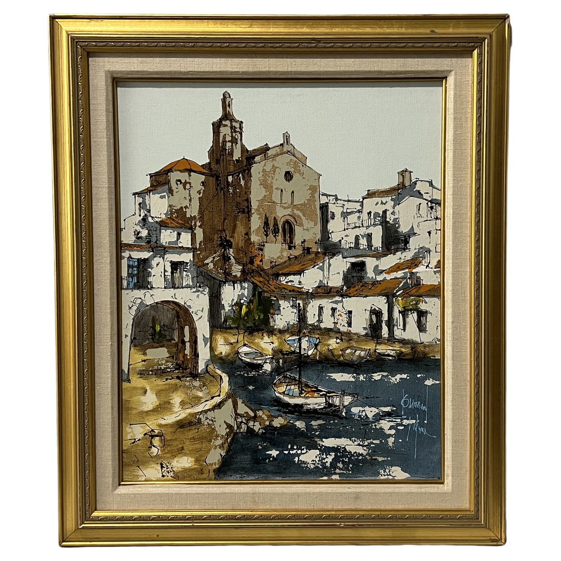 Bernard Dufour | Coastal Village with Boats | Oil on Canvas: Bernard Dufour | Coastal Village with Boats | Oil on Canvas