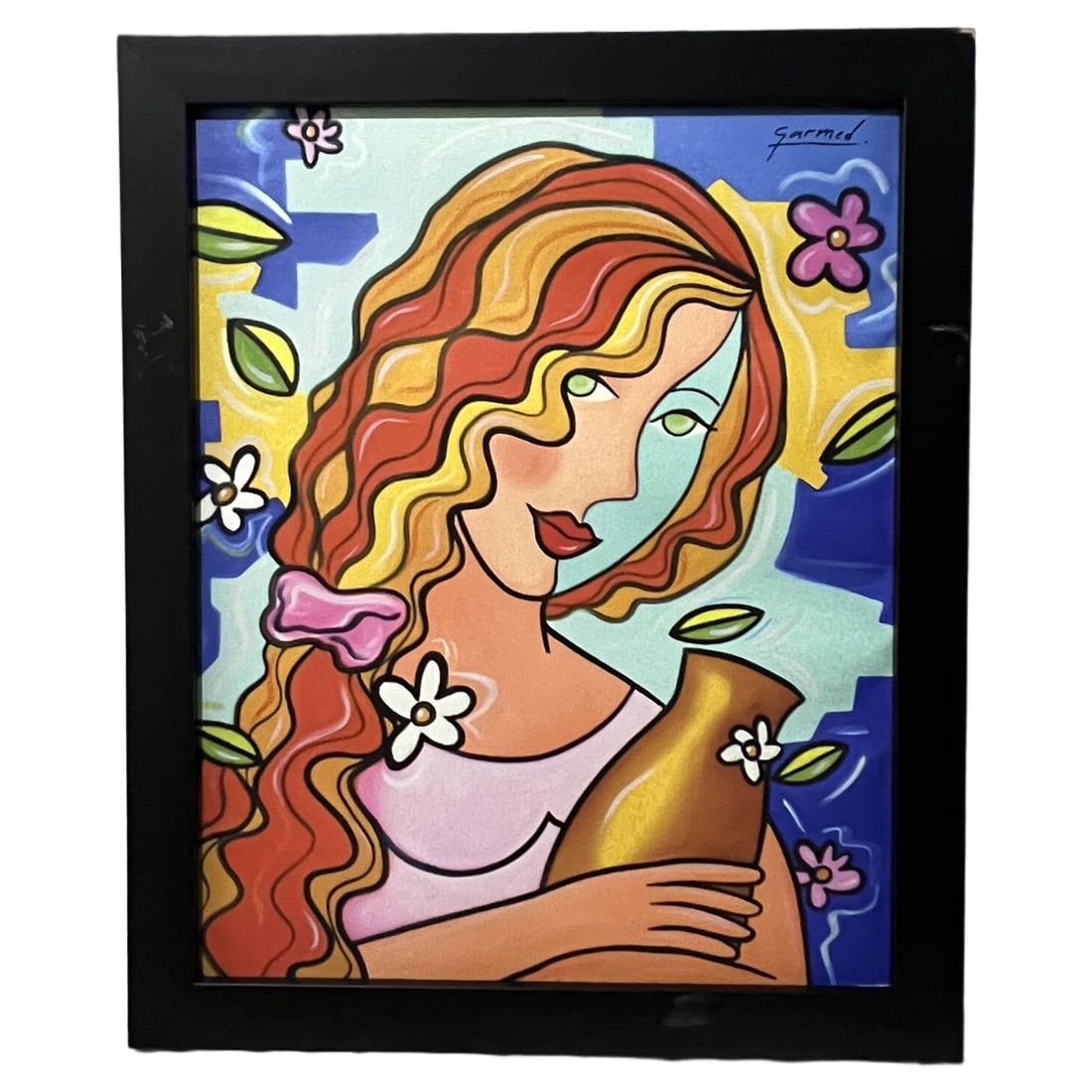 Woman with Vase and Flowers | 2009: Woman with Vase and Flowers | 2009 Description: An original pop-art style painting on canvas depicting a stylized portrait of a woman with flowing, wavy hair holding a vessel, surrounded by floral mot