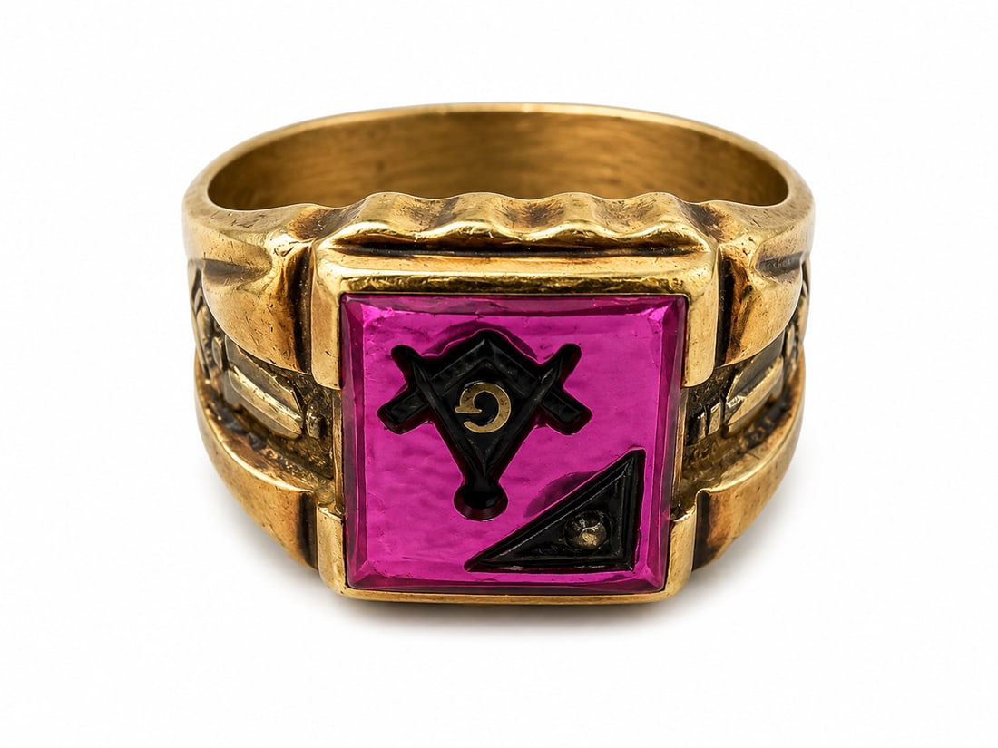 Gold Masonic Ring: Bold gold statement ring featuring a bright pink rectangular face with black Masonic symbols and detailed accents along the sides. 10K. Ships from Newport Beach, CA.Proceeds go to Hoag Hospital Charit