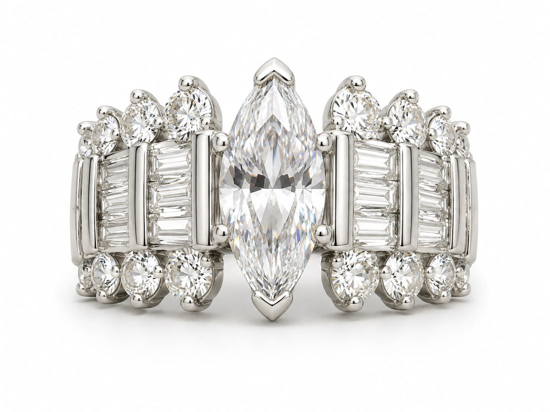 Silver Marquise & Clear Stone Statement Ring: Silver statement ring featuring a large marquise cut clear center stone with baguette and round clear stone accents along the sides. Ships from Newport Beach, CA. Proceeds go to Hoag Hospital