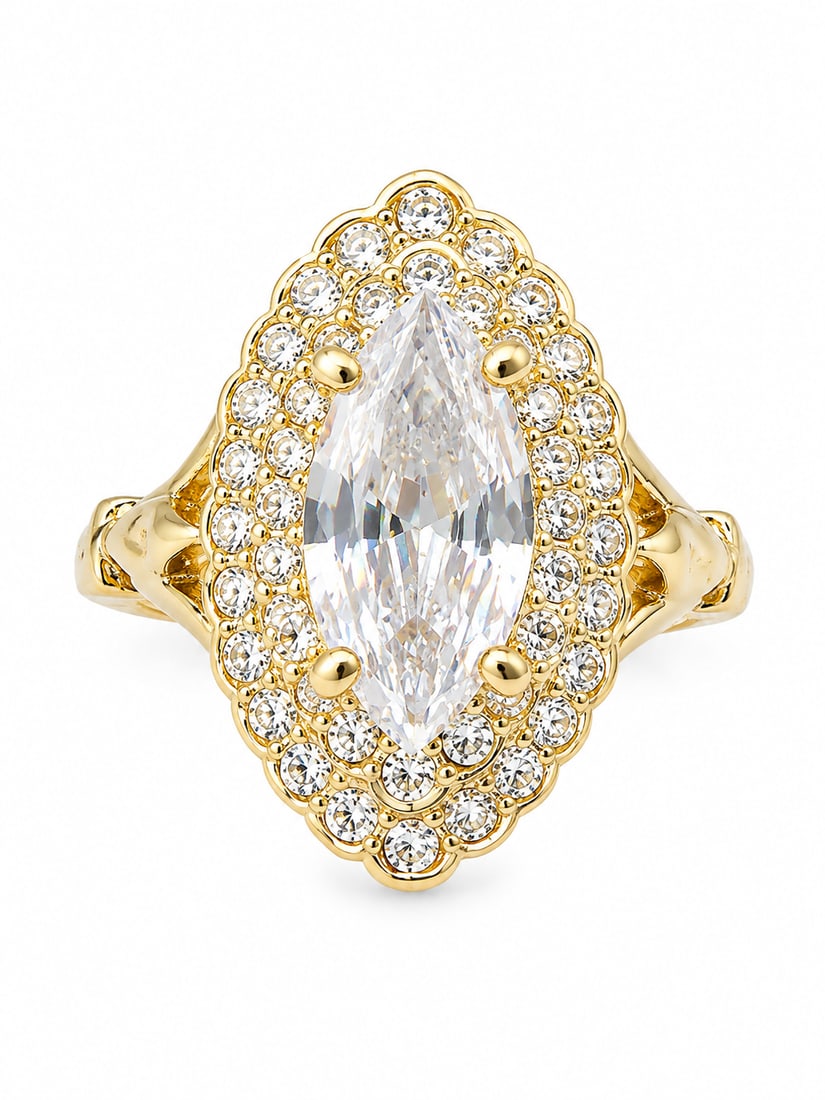 Gold Oval Clear Stone Double Halo Ring: Gold statement ring featuring a large oval clear center stone surrounded by a double halo of smaller clear accent stones. Ships from Newport Beach, CA. Proceeds go to Hoag Hospital Charitable