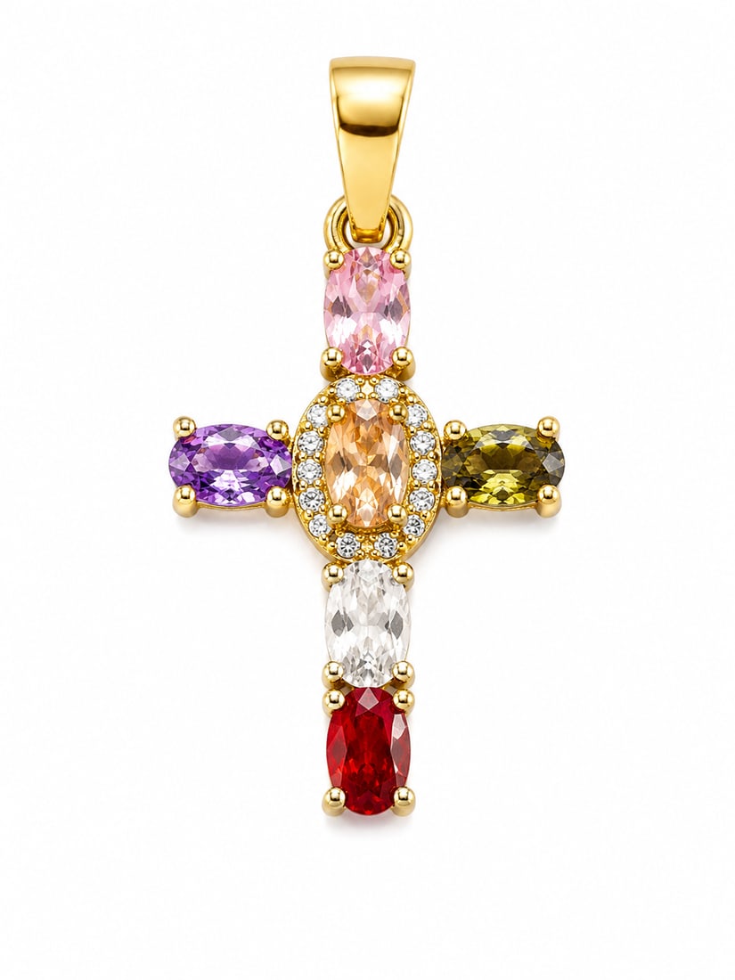 Gold Multicolor Stone Cross Pendant: Gold cross pendant featuring oval-cut stones in pink, purple, champagne, green, clear and red tones, with clear accent stones surrounding the center. Ships from Newport Beach, CA. Proceeds go to Hoag