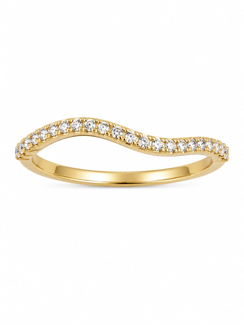 Gold Curved Crystal Band Ring: Elegant gold band featuring a curved wave design accented with a row of clear round stones. Ships from Newport Beach, CA. Proceeds go to Hoag Hospital Charitable Foundation.