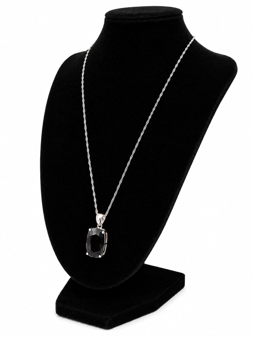 Silver Necklace with Large Black Faceted Stone Pendant (1 of 2)