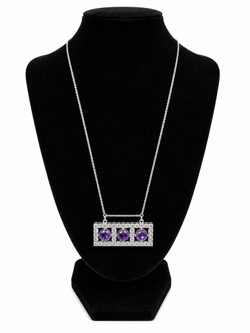 Silver Necklace with Amethyst Three-Stone Pendant (1 of 1)