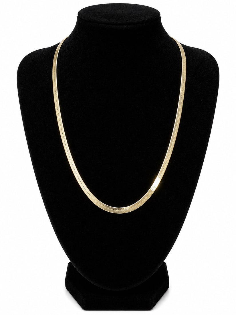 Gold Flat Herringbone Chain Necklace: Gold necklace featuring a sleek flat herringbone-style chain with a smooth, polished finish.Ships from Newport Beach, CA.