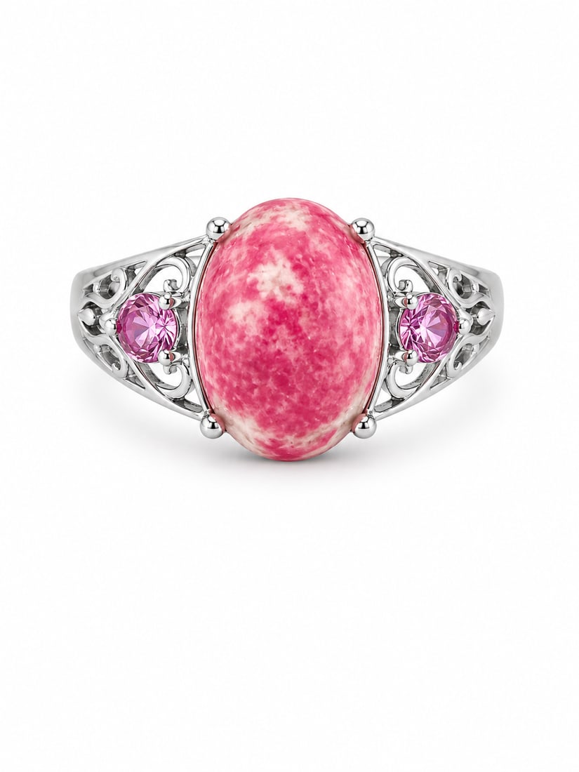 Silver Ring with Oval Pink Center Stone: Silver ring featuring a large oval pink marbled center stone, accented by two round pink faceted stones and decorative openwork detailing along the band. Ships from Newport Beach, CA.