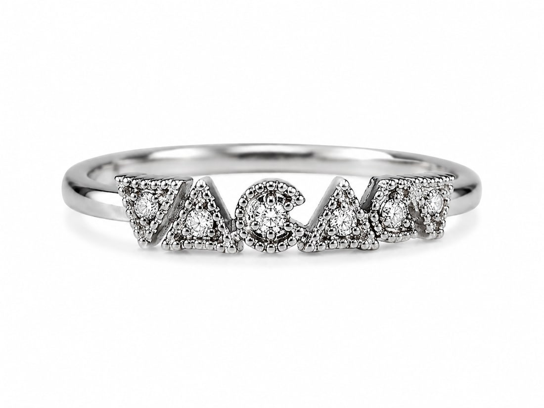 Silver Geometric CZ Zigzag Band Ring: Silver ring featuring a bold geometric zigzag design with clear round stone accents throughout. The open patterned band includes triangular and circular details that give the piece a bright, eye-catch
