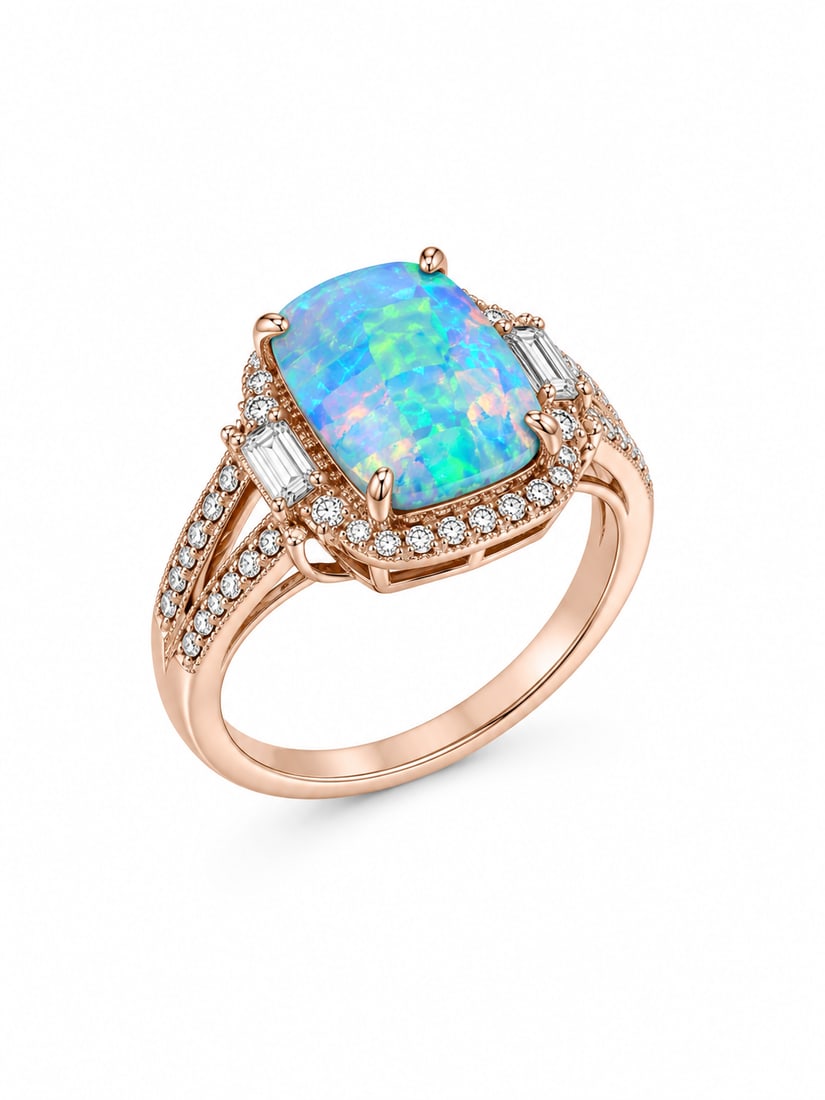 Rose Gold Ring with Opal Multicolor Center Stone & Cubic Zirconia Accents (1 of 2)