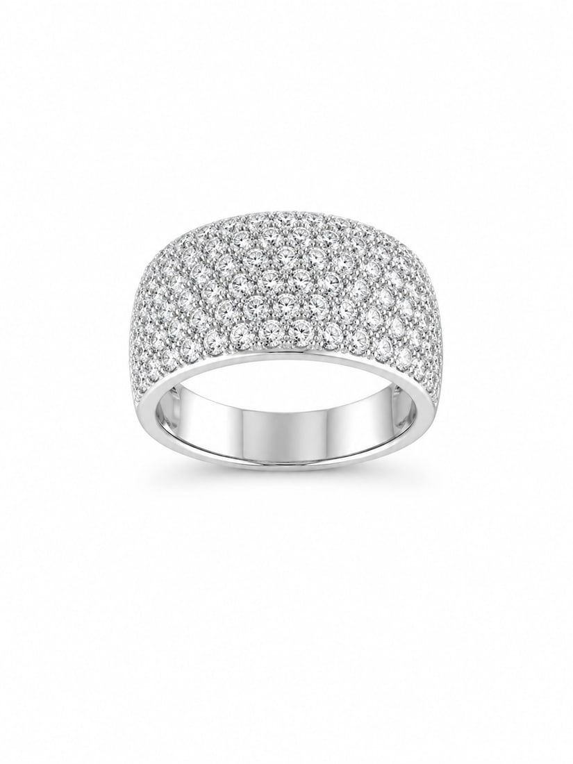 Sterling Silver Pavé cubic zirconia stone dome ring: Sterling silver ring featuring a wide domed top covered with multiple round clear stones in a pavé-style setting. The interior is stamped “925,” indicating sterling silver.Ships from Newport 