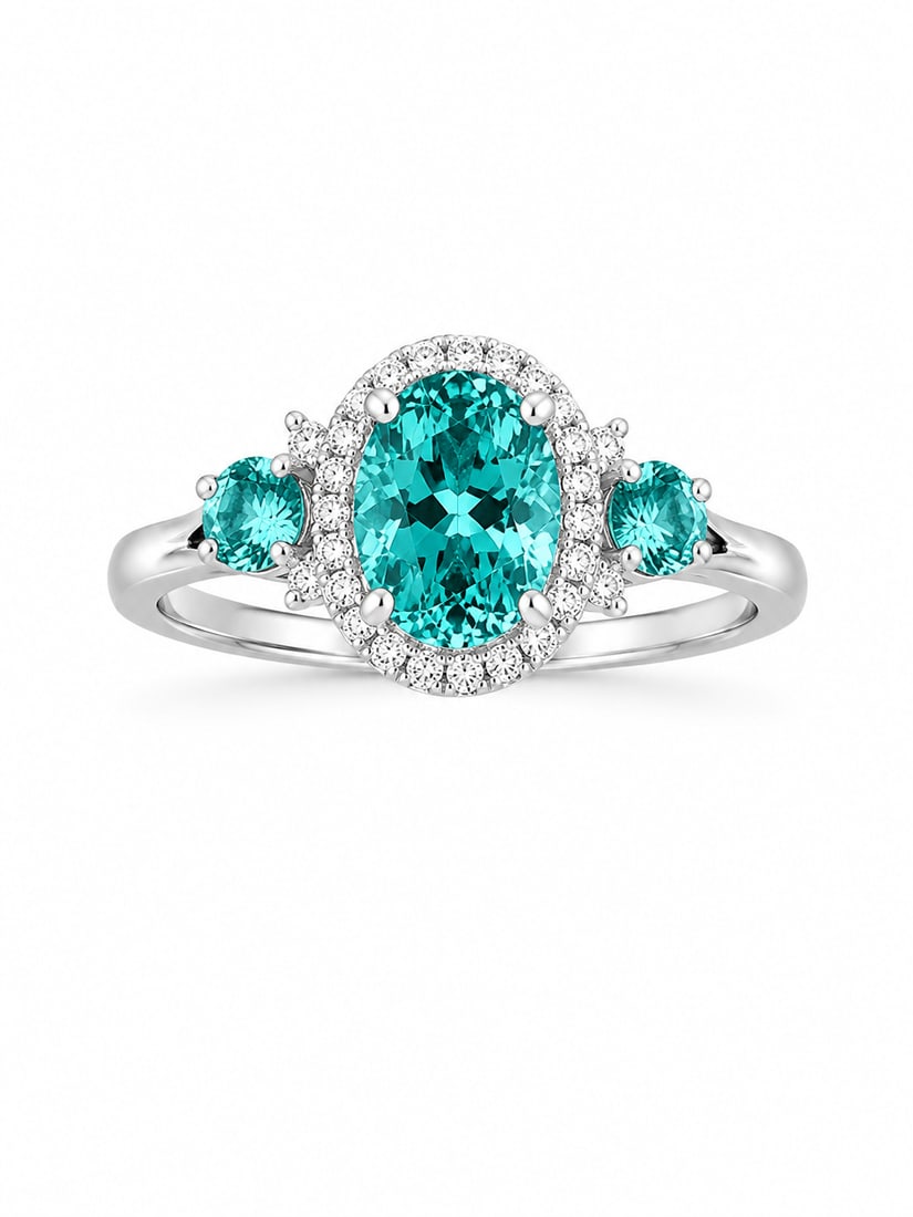 Silver Ring with Aqua Blue Oval Center Stone & Cubic Zirconia Halo: Silver ring featuring a bright aqua blue oval center stone surrounded by a halo of clear cubic zirconia accents. Matching aqua blue side stones complete the three-stone design. Ring size 9.Ships from 