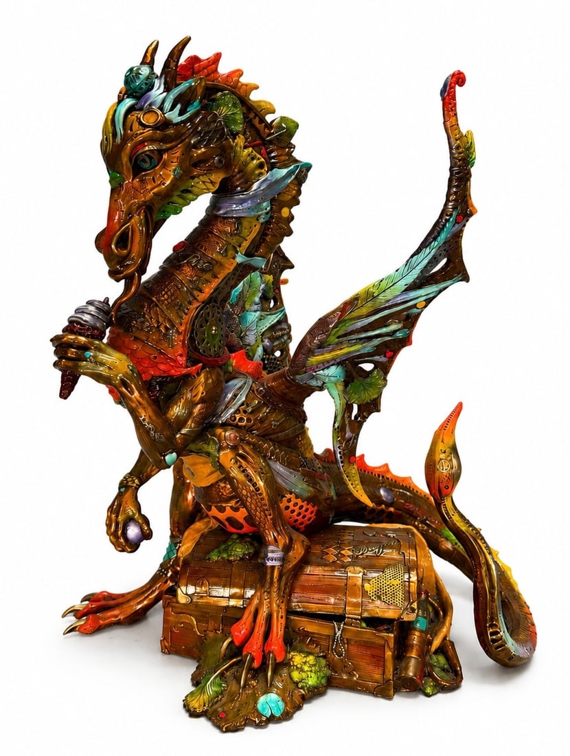 Nano Lopez Bronze Dragon “Davian” w Giclee signed/numbered: Nano Lopez (Colombian/American, b. 1955) | Bronze Sculpture and Matching Giclee Print Set Description: A vibrant limited-edition matched set featuring an intricately detailed hand-patinated bronze scu