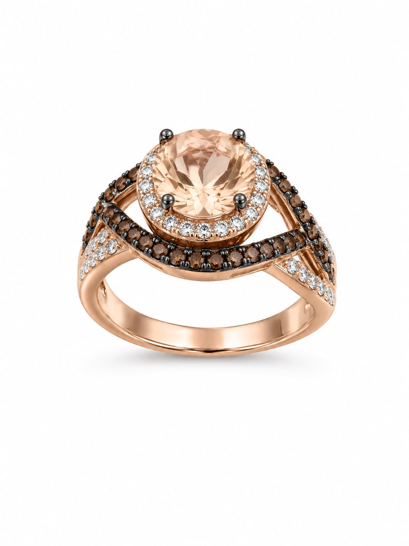 Rose Gold Ring with Morganite Oval Center Stone, Brown Accents & Cubic Zirconia: Rose gold ring featuring a large oval peach-pink center stone with a morganite-like appearance, surrounded by clear cubic zirconia accents. Brown-toned round stones form a curved crossover detail acro