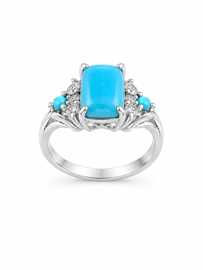 Sterling Silver Ring with Turquoise Center Stone & Cubic Zirconia Accents: Sterling silver ring featuring a rectangular turquoise-blue center stone with a turquoise appearance, accented by smaller matching blue stones and clear cubic zirconia accents on each side. Stamped ��