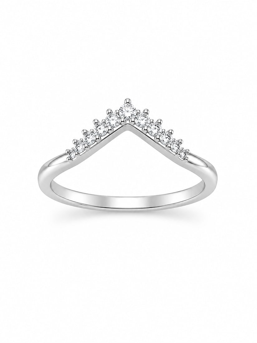 Silver V-Shaped Clear Stone Chevron Ring: Sterling silver ring featuring a V-shaped chevron design set with graduated round clear stones across the top. The interior is stamped “925,” indicating sterling silver. Ships from Newport Bea