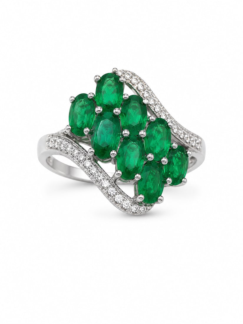 Sterling Ring with Emerald Oval Stones & Cubic Zirconia Accents (1 of 3)