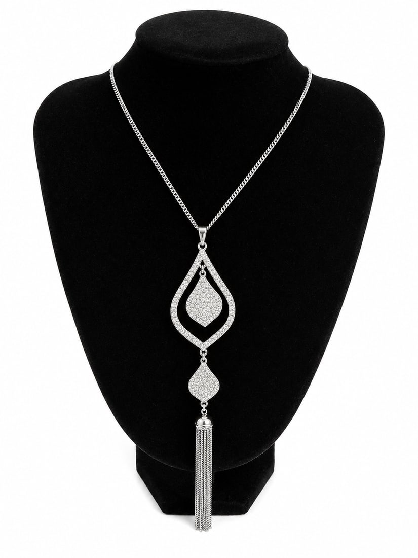 Silver Tassel Pendant Necklace with Pavé Cubic Zirconia Drop Design: Silver necklace featuring an elongated open teardrop pendant accented with pavé-set clear cubic zirconia stones. The layered drop design includes a second pavé teardrop element and finishes with a