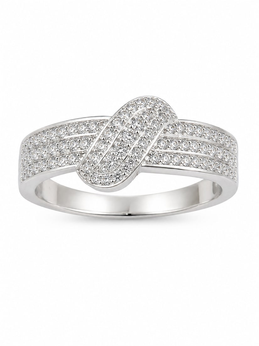 Sterling Silver Pavé Clear Stone Interlocking Swirl Ring: 925 sterling silver ring featuring an interlocking crossover swirl design accented with multiple rows of clear pavé stones. The wide band and layered center create a dimensional design with clear