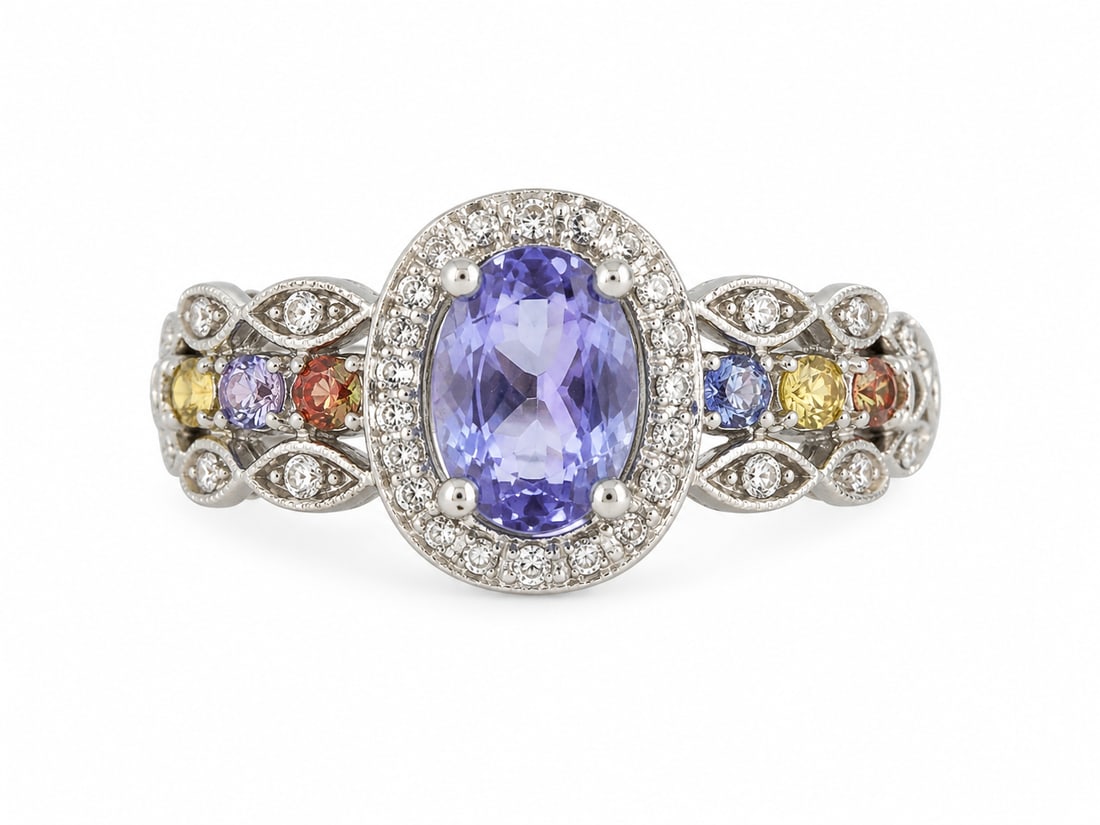 Sterling Tanzanite & Multi-Gemstone Halo Ring: 925 sterling silver ring featuring a large oval-cut tanzanite center stone surrounded by a halo of clear accent stones. The ornate openwork band is accented with multicolored gemstones in purple, blue