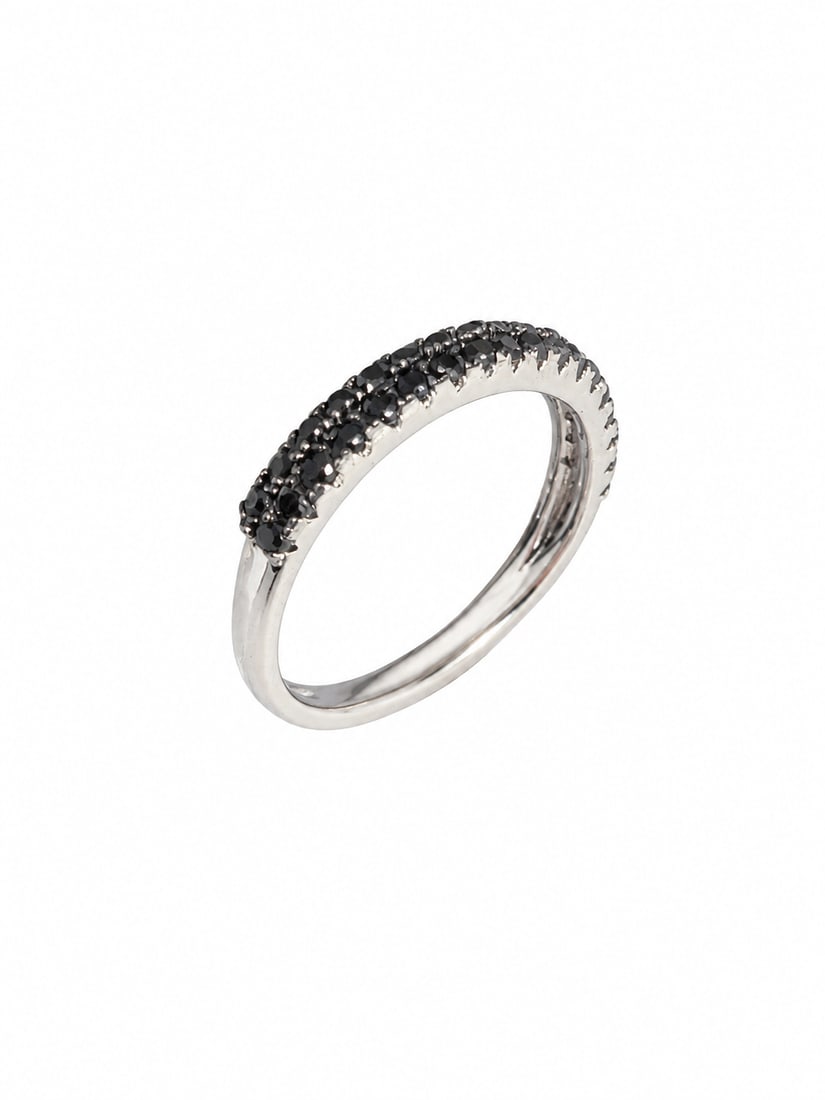 Sterling Black Spinel Double Row Band Ring: 925 sterling silver band ring featuring two rows of round black spinel stones set across the upper portion of the polished silver band. The closely set dark stones create a sleek, classic design with 