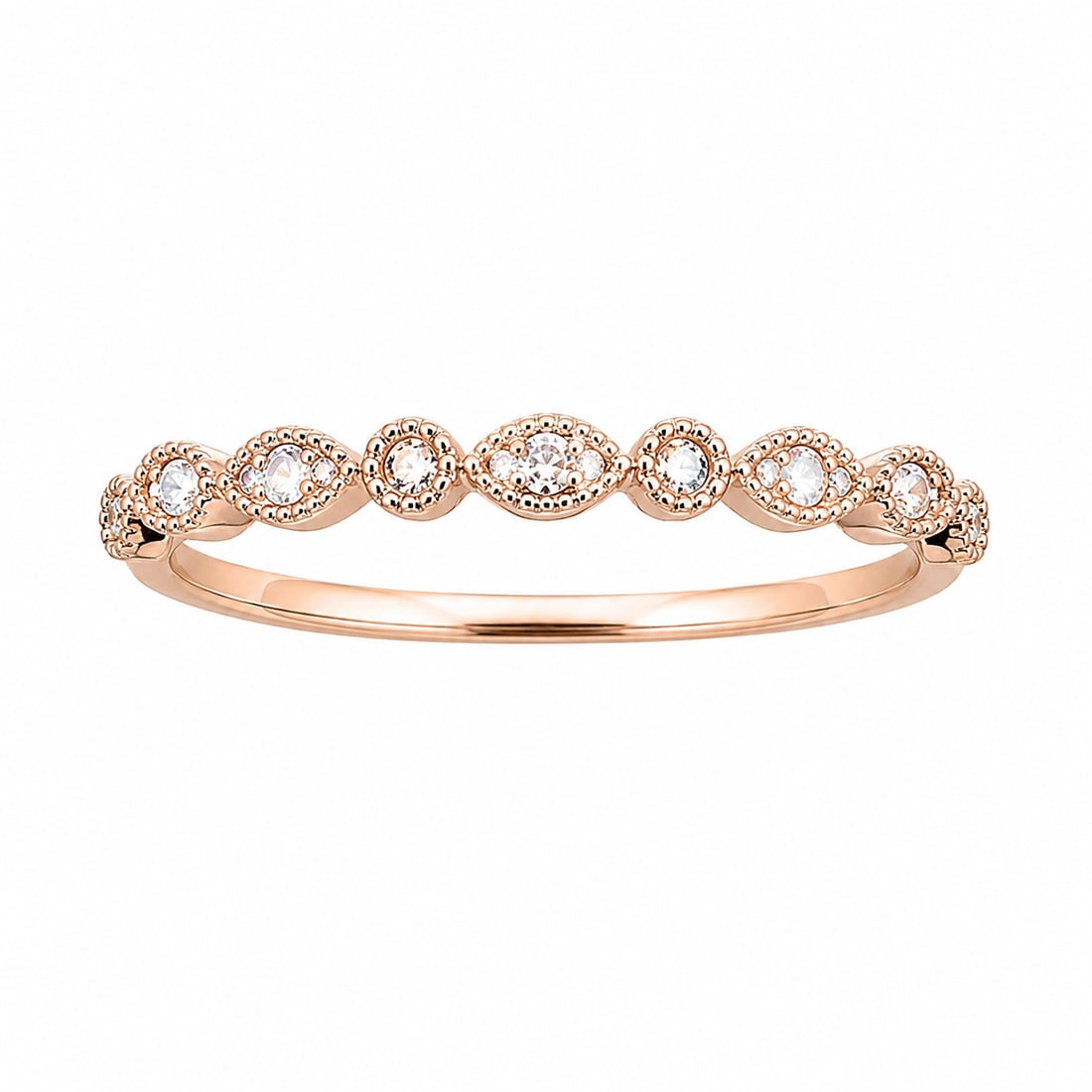 Rose Gold Clear Stone Milgrain Marquise Stackable Band Ring: Rose gold ring featuring alternating round and marquise-shaped settings accented with clear stones. Fine milgrain detailing frames each setting, creating a delicate vintage-inspired pattern across the