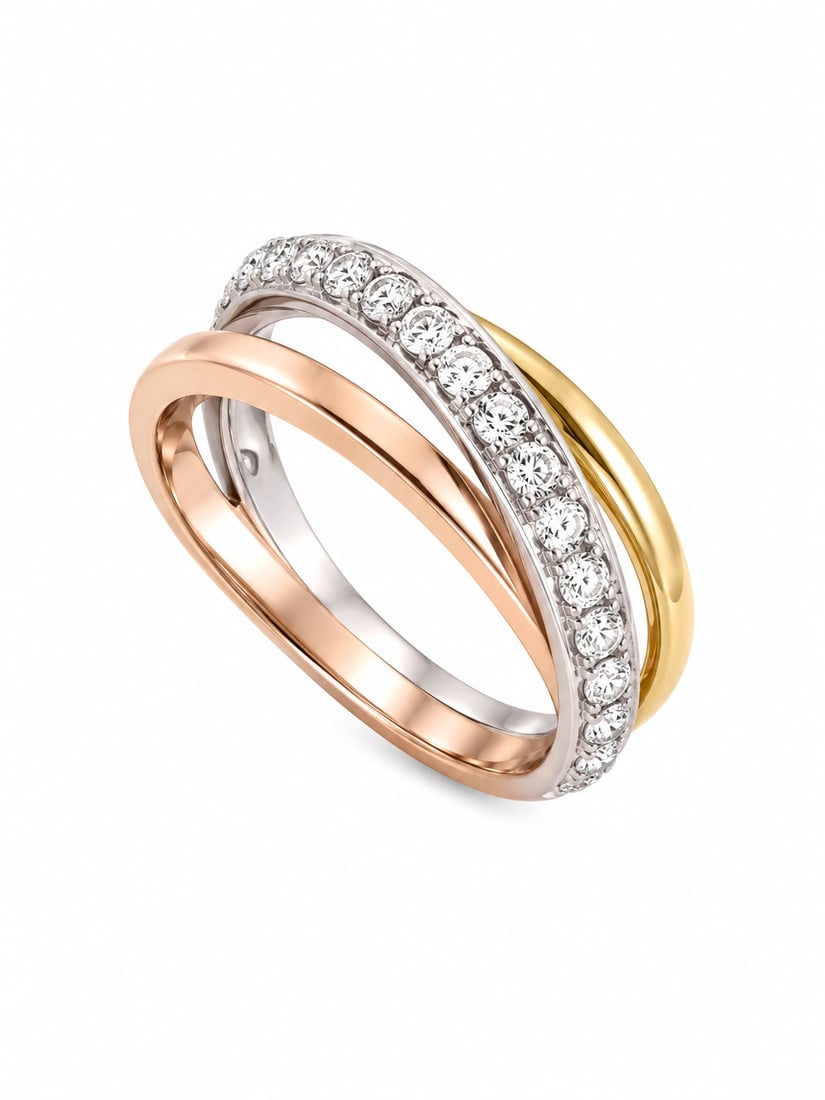 Tri-Color Gold Clear Stone Interlocking Three-Band Ring: Tri-color ring featuring three interlocking bands in rose gold, silver, and yellow gold. The silver center band is accented with a row of round clear stones, while the polished rose and yellow gold ba