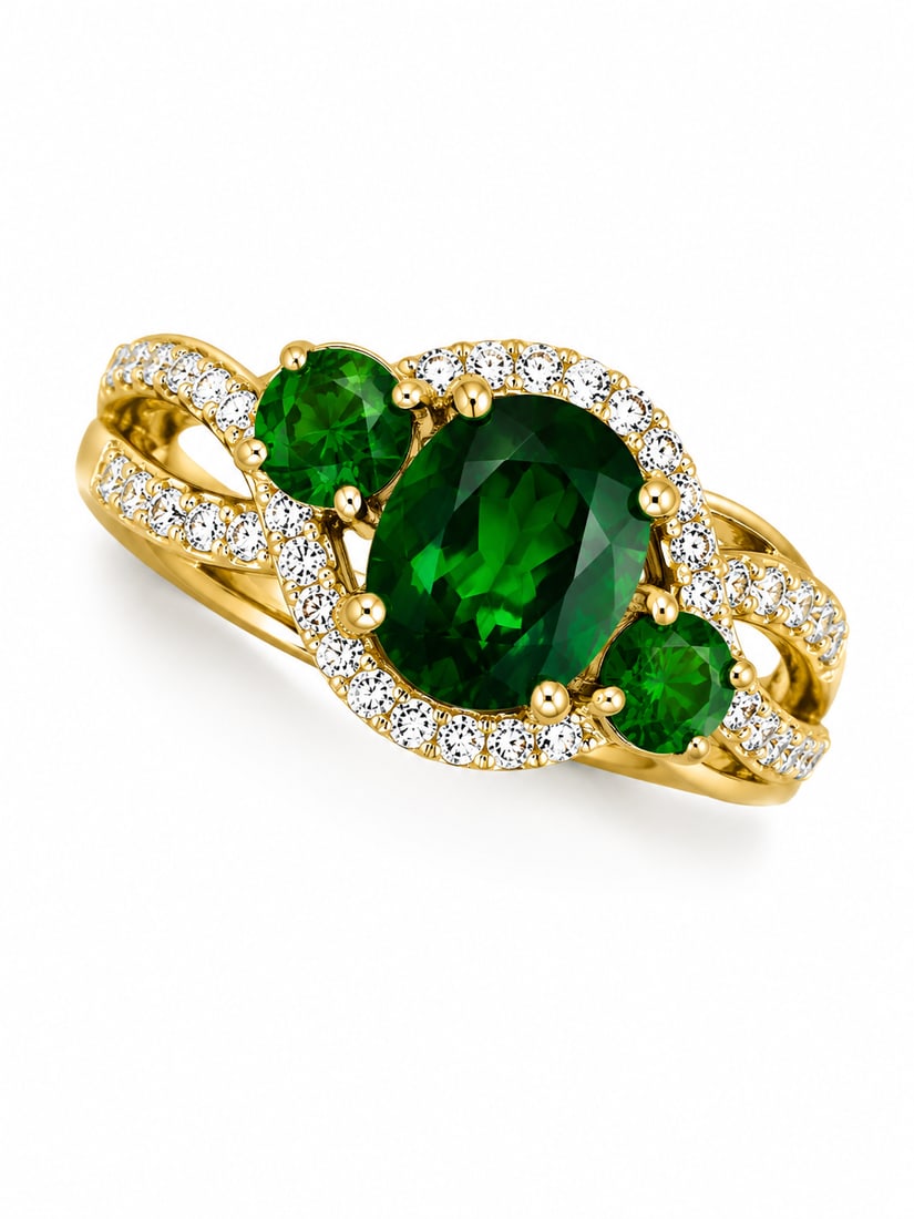 Gold Emerald Three-Stone Halo Statement Ring: Gold ring featuring a large oval-cut emerald center stone accented by two round emerald side stones. A sweeping halo of round clear stones surrounds the center gemstone and continues along the split s
