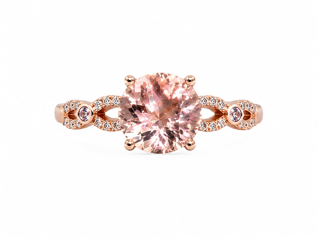 Morganite & White Stone Rose Gold Ring: Rose gold ring featuring a large oval-cut morganite center stone in a four-prong setting. The band features an elegant infinity-inspired design accented with round white stones and smaller pink stones