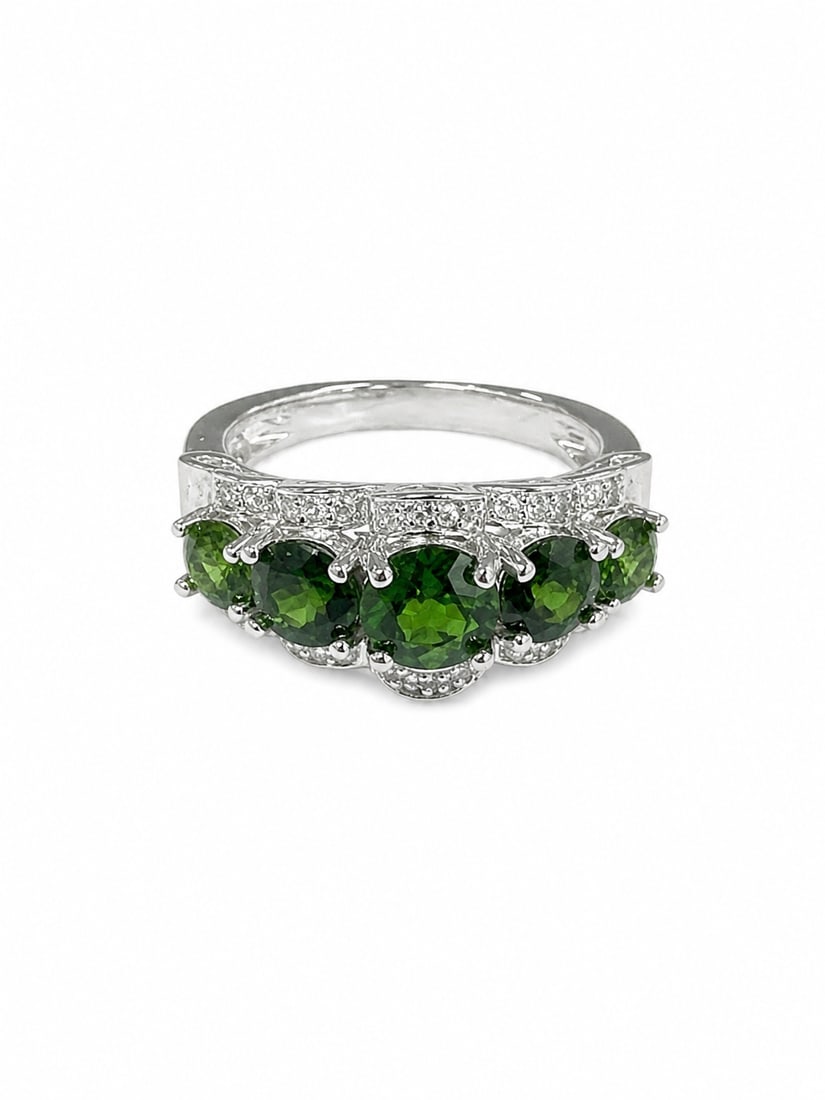 Green Gemstone & White Stone 925 Silver Five-Stone Ring (1 of 2)
